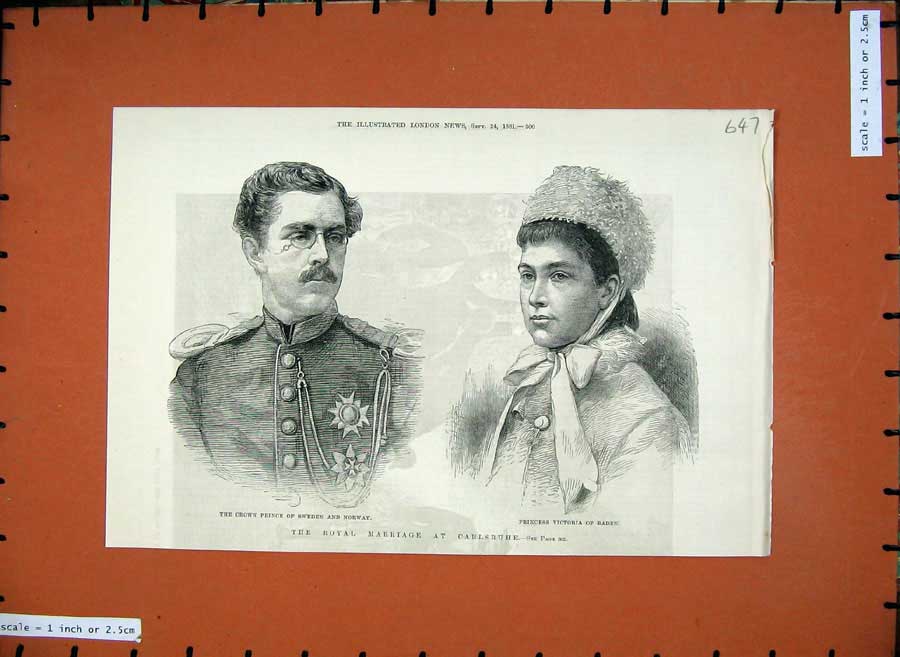 Old Antique Print 1881 Wedding Carlsruhe Prince Sweden Victoria Baden Art 19th