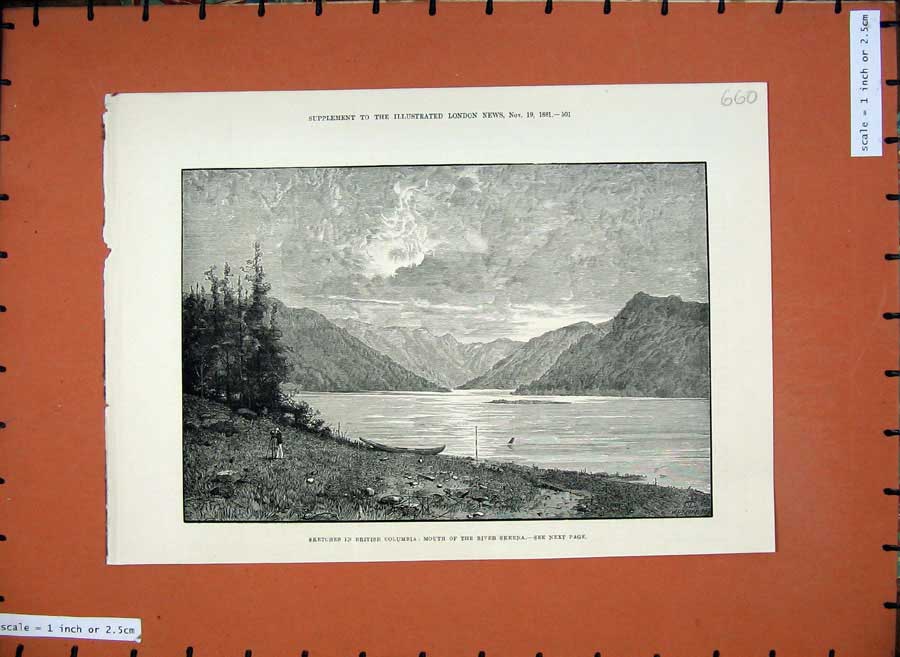 Old Antique Print 1881 British Columbia Mouth River Skeena Mountains Art 19th