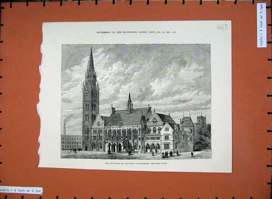 Original Old Antique Print 1881 View Townhall Rochdalf Lancashire Architecture
