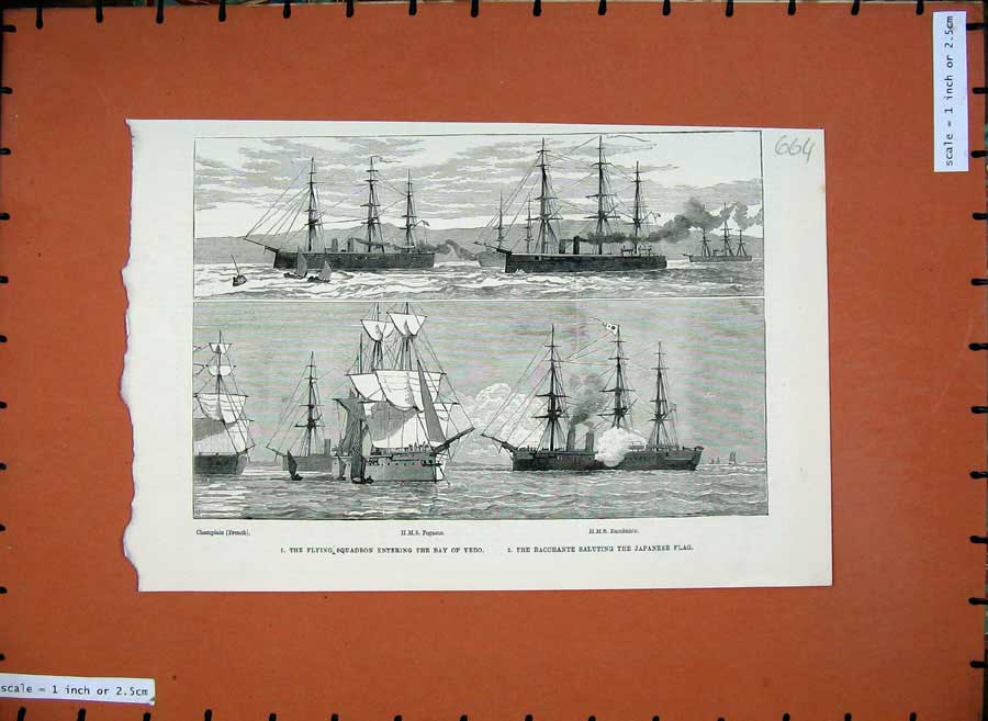 Old Antique Print 1881 Ships Flying Squadron Bay Yedo Pegasus Bacchante 19th