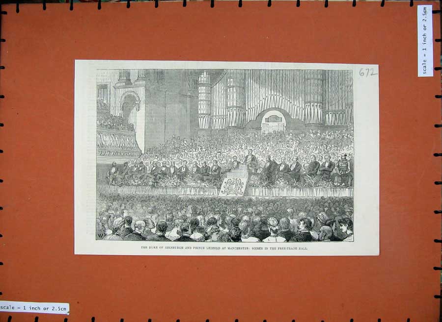 Original Old Antique Print 1881 Duke Edinburgh Prince LeopManchester Free Hall