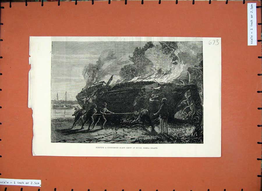 Old Antique Print Fine Art 1881 Burning Condemned Slave Dhow Funzi Pemba 19th