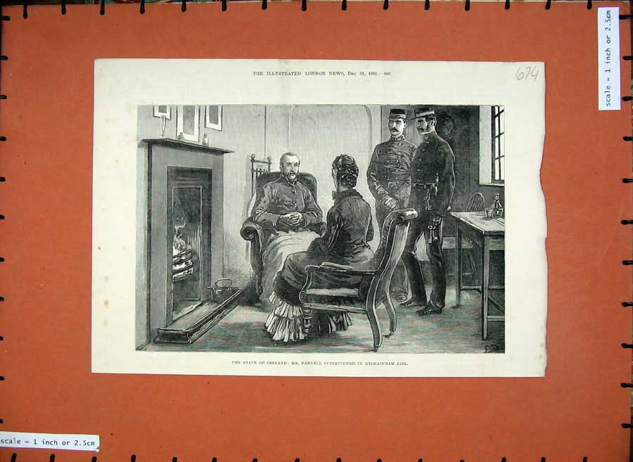 Old Antique Print 1881 Ireland Mr Parnell Kilkmainham Jail Policemen Art 19th