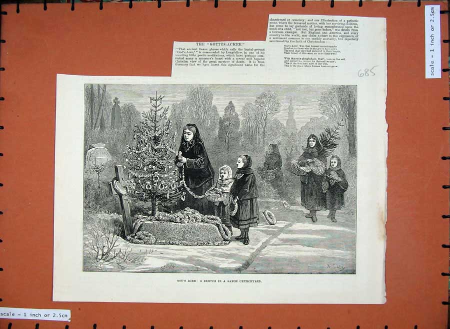 Original Old Antique Print 1881 Saxon Churchyard Graves Christmas Tree Fine Art
