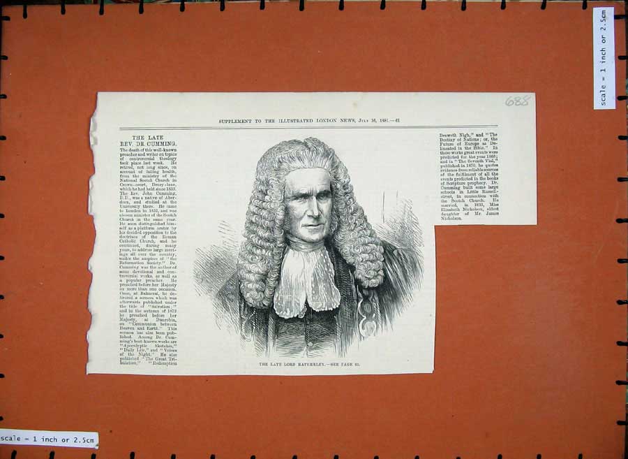 Original Old Antique Print 1881 Portrait Lord Hatherley Man Judge Wig Victorian