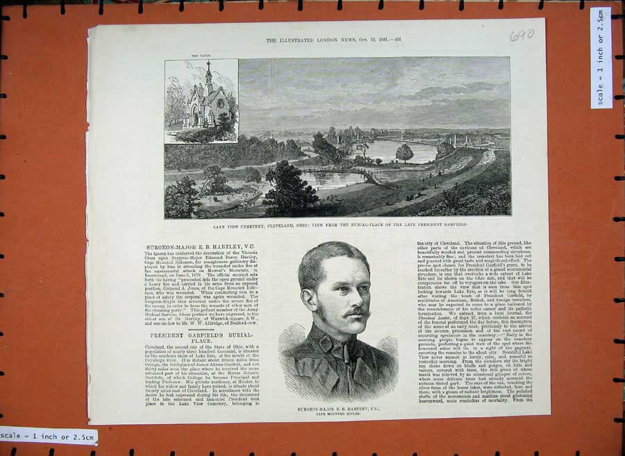 Original Old Antique Print 1881 Major Hartley Lake View Cemetery Cleveland Ohio