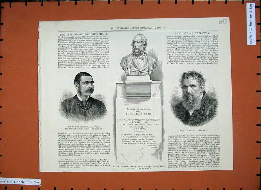 Old Antique Print 1881 Christie Astronomer Trelawny Monument Cruikshank 19th
