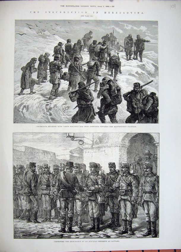 Old Antique Print 1882 War Herzegovina Insurgents Austrian Army Cattaro 19th