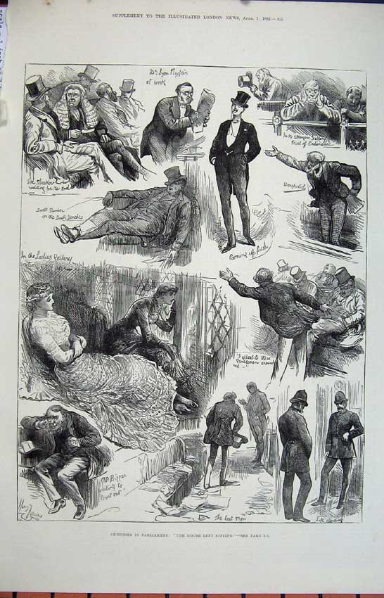 Original Old Antique Print 1882 Parliament Men Speaker House Commons Policemen
