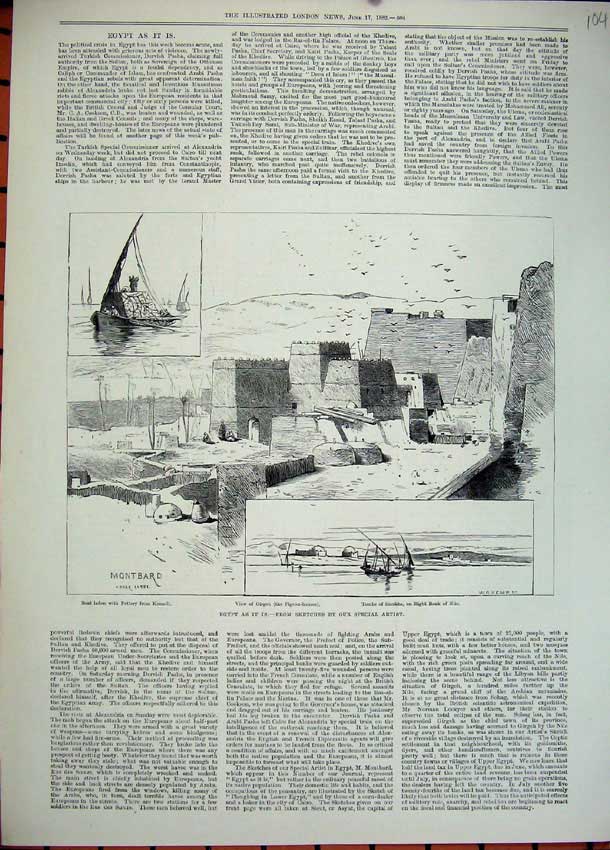 Original Old Antique Print 1882 Egypt Girgeh Tombs Sheikhs River Nile Montbard