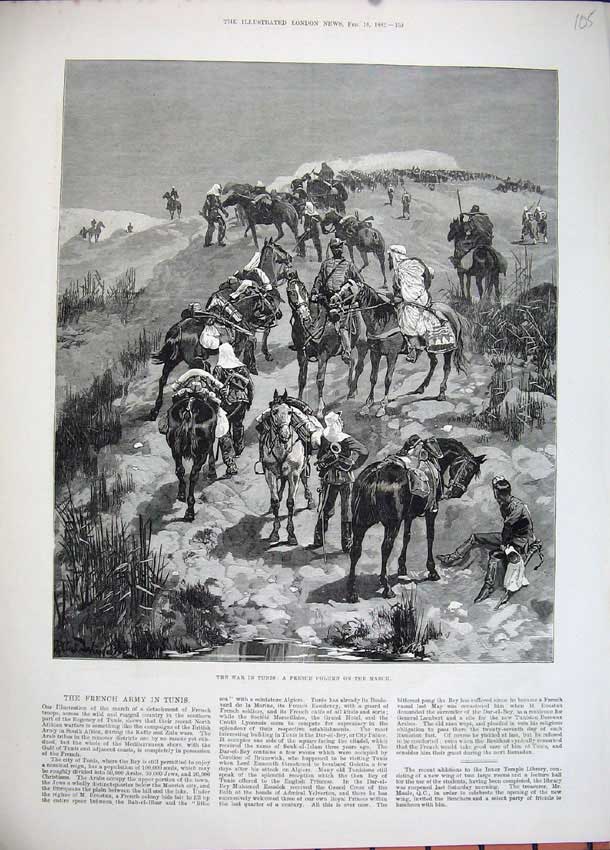 Original Old Antique Print 1882 War Tunis French Army Siers Horses Fine Art Men