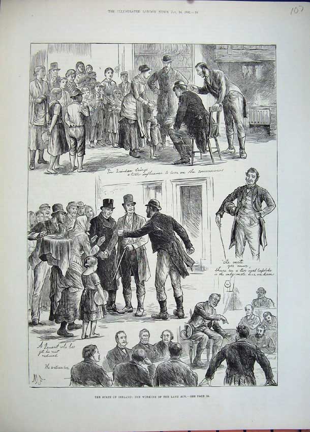 Original Old Antique Print 1882 Ireland Working Men Land Act Women Victorian