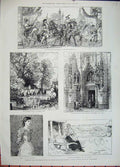 Old Antique Print 1882 Procession Horses Drinking Cathedral Munster Lady 19th