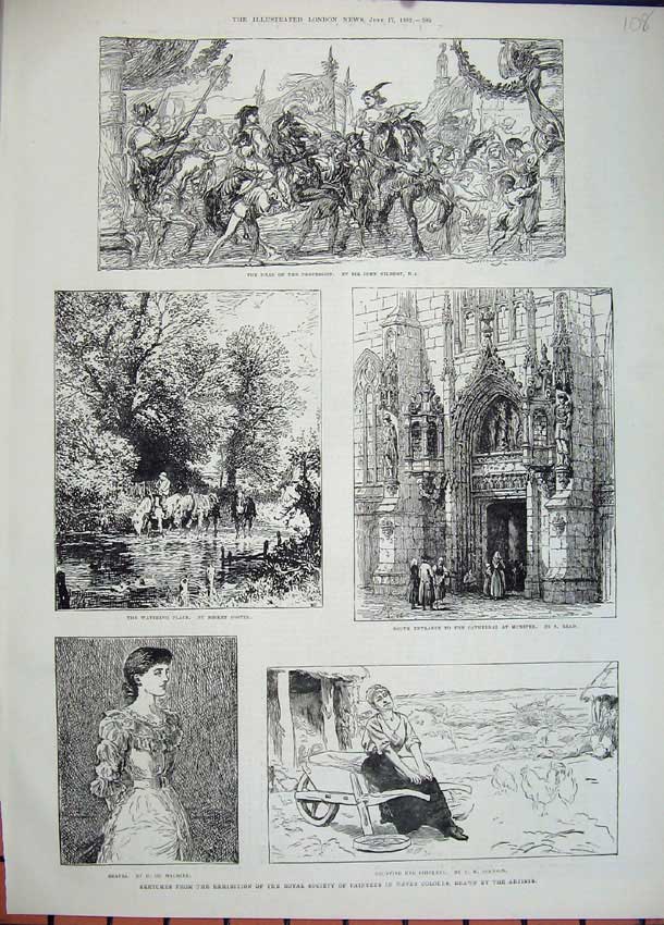 Old Antique Print 1882 Procession Horses Drinking Cathedral Munster Lady 19th