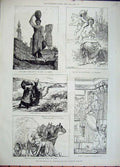 Original Old Antique Print 1882 Paris Young Girls Water Horse Cart Statue Homer