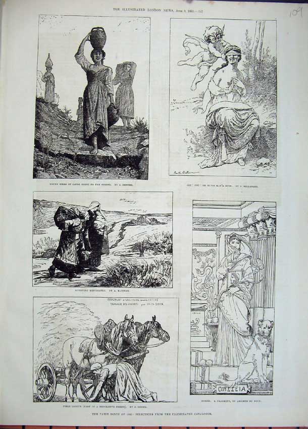 Original Old Antique Print 1882 Paris Young Girls Water Horse Cart Statue Homer
