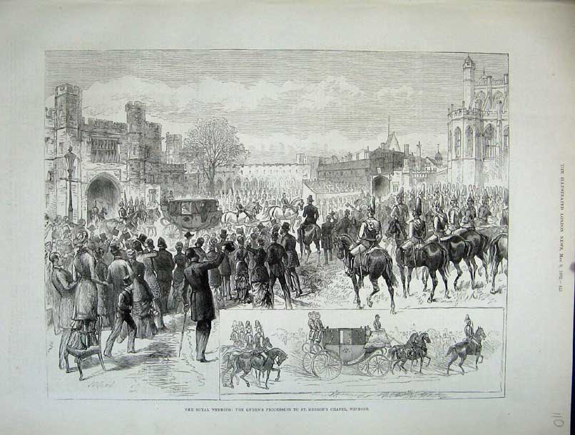 Original Old Antique Print 1882 Royal Wedding Queen Coach George Chapel Windsor