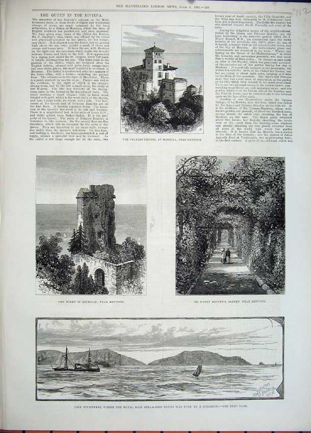 Old Antique Print 1882 Cape Finisterre Steam Ship Douro Palazza Mentone 19th