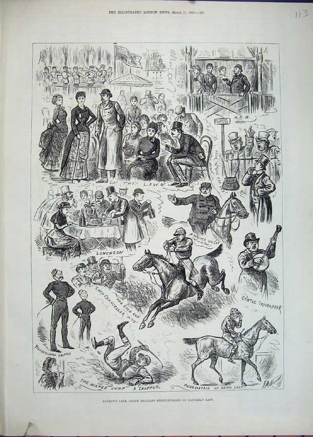Original Old Antique Print Horse Racing 1882 Sandown Park Military Steeplechase