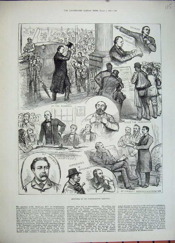 Old Antique Print 1882 Northampton Election Guildhall Corbett Voting Men 19th