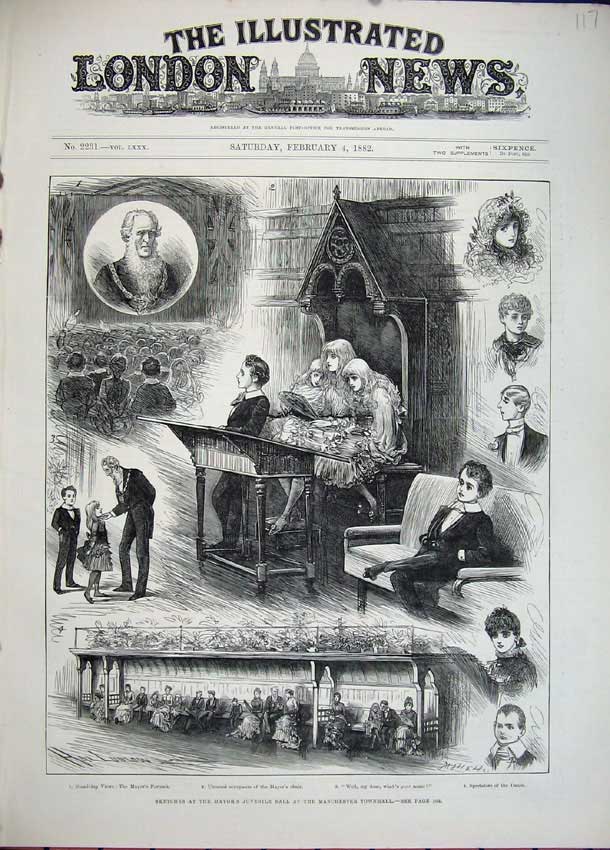 Original Old Antique Print 1882 Mayors Childrens Ball Manchester Townhall Party