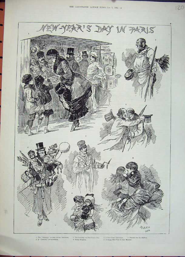 Original Old Antique Print 1882 New Years Day Paris France Children Camelot Toy