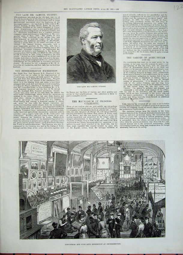 Old Antique Print 1882 Samuel Gurney Industrial Exhibition Peterborough 19th