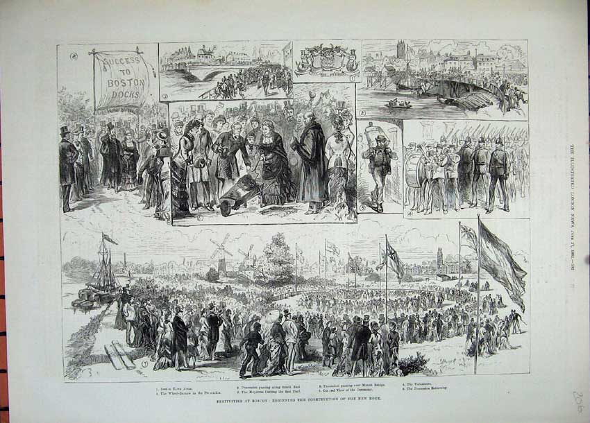 Old Antique Print 1882 Festivities Boston Dock Mount Bridge Wheel-Barrow 19th