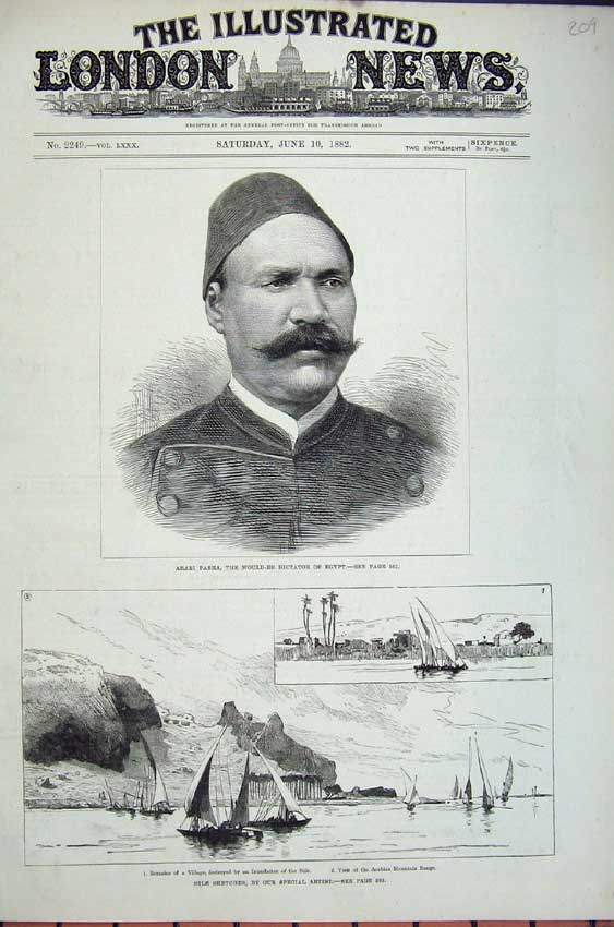 Old Antique Print 1882 Arabi Pasha Egypt Nile Arabian Mountains Sea Yacht 19th