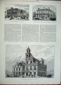 Old Antique Print 1882 Townhall Yarmouth Municipal Buildings Shadingfield 19th