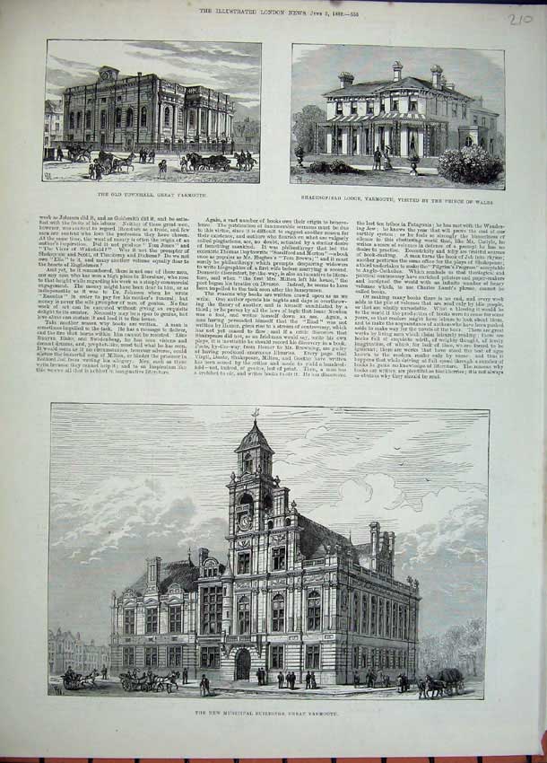 Old Antique Print 1882 Townhall Yarmouth Municipal Buildings Shadingfield 19th