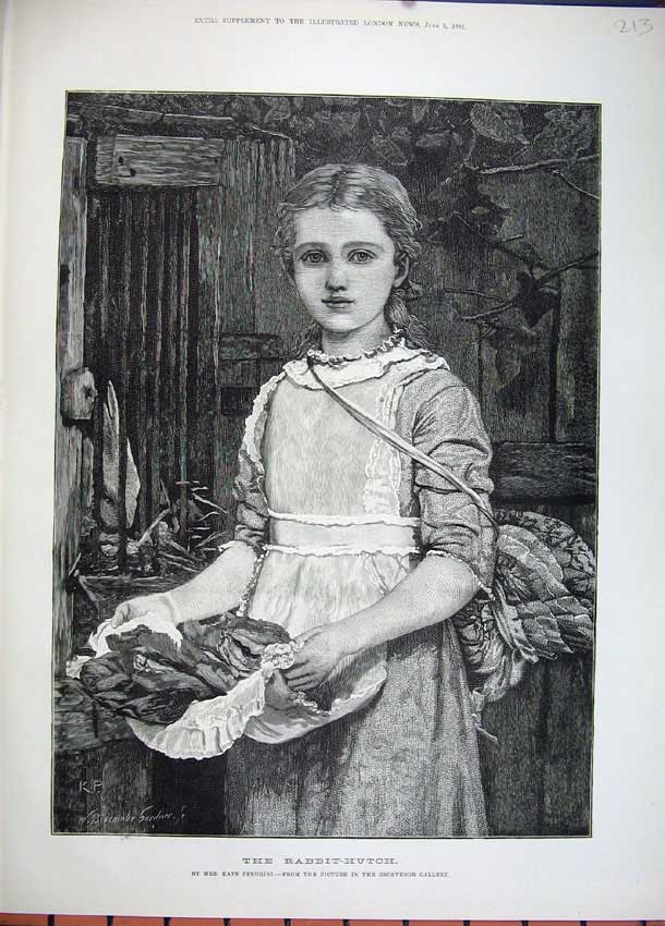 Old Antique Print Gardiner Art 1882 Young Girl Feeding Rabbit Hutch Kate 19th