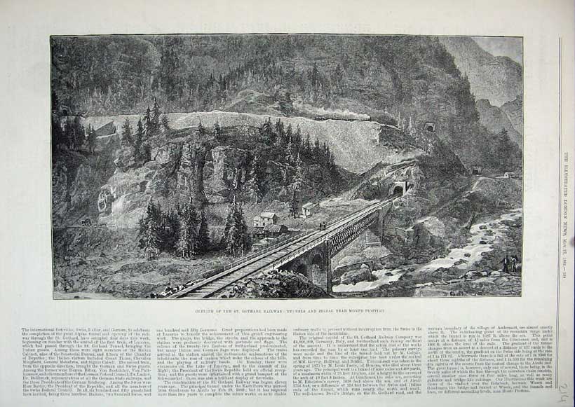 Old Antique Print 1882 Gothard Railway Tunnels Zigzag Monte Piottino Art 19th
