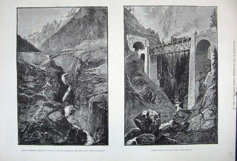 Old Antique Print 1882 Gothard Railway Viaduct Rohrbach Bridge Wasen Art 19th