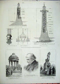 Original Old Antique Print 1882 Eddystone Lighthouse John Brown Fountain Leeds