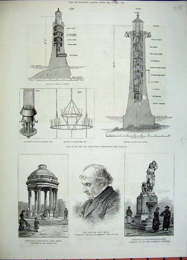 Original Old Antique Print 1882 Eddystone Lighthouse John Brown Fountain Leeds