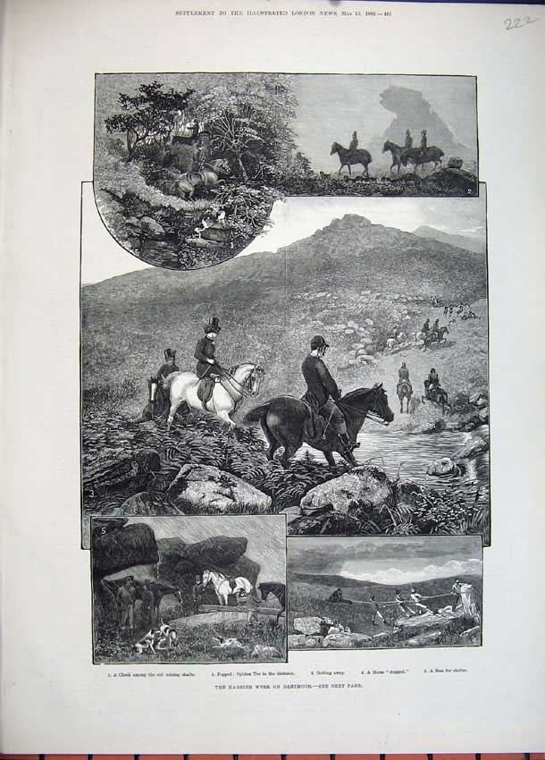 Original Old Antique Print 1882 Harrier Week Dartmoor Horses Hunting Sphinx Tor