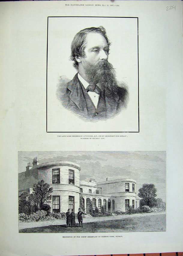 Original Old Antique Print 1882 Lord Frederick Cavendish Ireland Phoenix Dublin