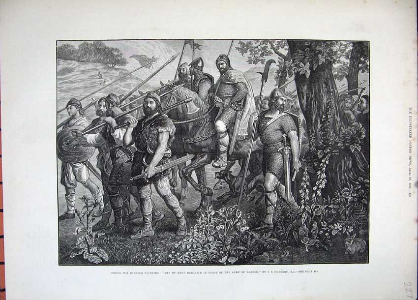 Original Old Antique Print 1882 Windsor Tapestry Men Kent Horses Army HarArt