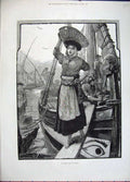 Original Old Antique Print 1882 Fine Art Fisher Girl Lisbon Boats Portugal Sea