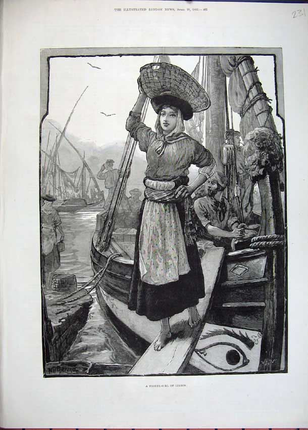 Original Old Antique Print 1882 Fine Art Fisher Girl Lisbon Boats Portugal Sea