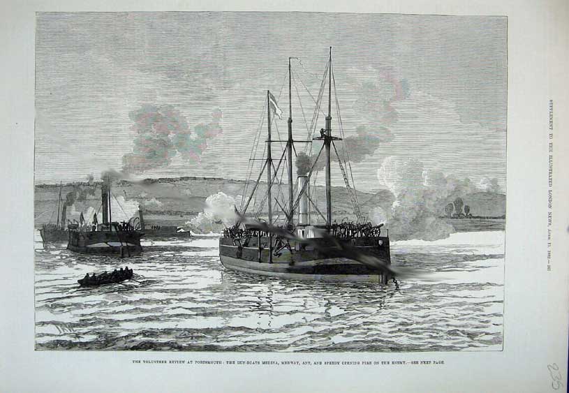 Old Antique Print 1882 Portsmouth Gun Boats Medina Ship Medway Ant Speedy 19th