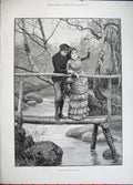 Original Old Antique Print 1882 Spring Time Man Woman River Bridge Romance Dadd