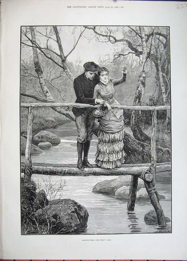 Original Old Antique Print 1882 Spring Time Man Woman River Bridge Romance Dadd