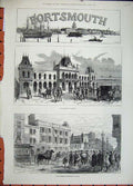 Old Antique Print 1882 Portsmouth Railway Station Government House Band 19th