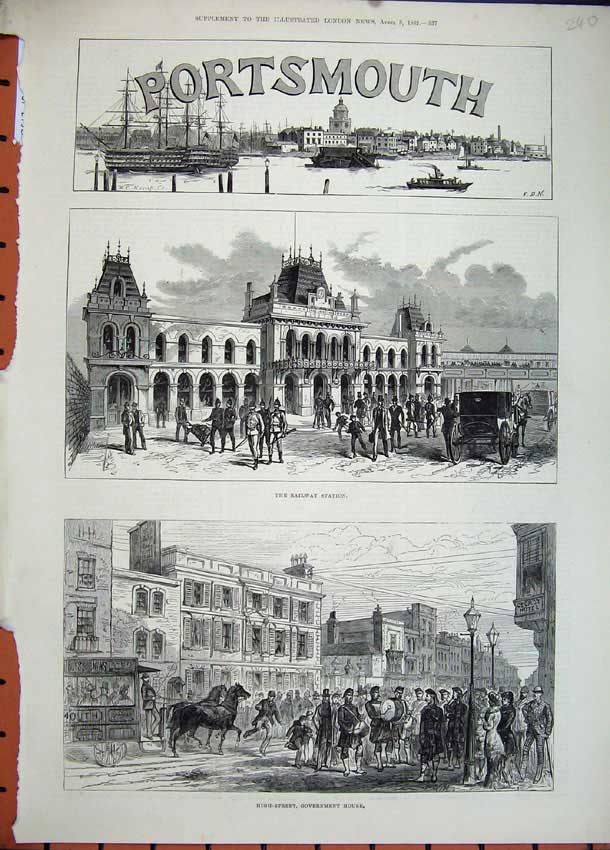Old Antique Print 1882 Portsmouth Railway Station Government House Band 19th