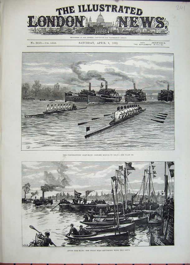 Old Antique Print 1882 Universities Boat Race Oxford Cambridge Thames Art 19th