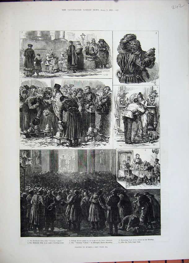 Original Old Antique Print 1882 Easter Russia Isaac Cathedral People Fine Art