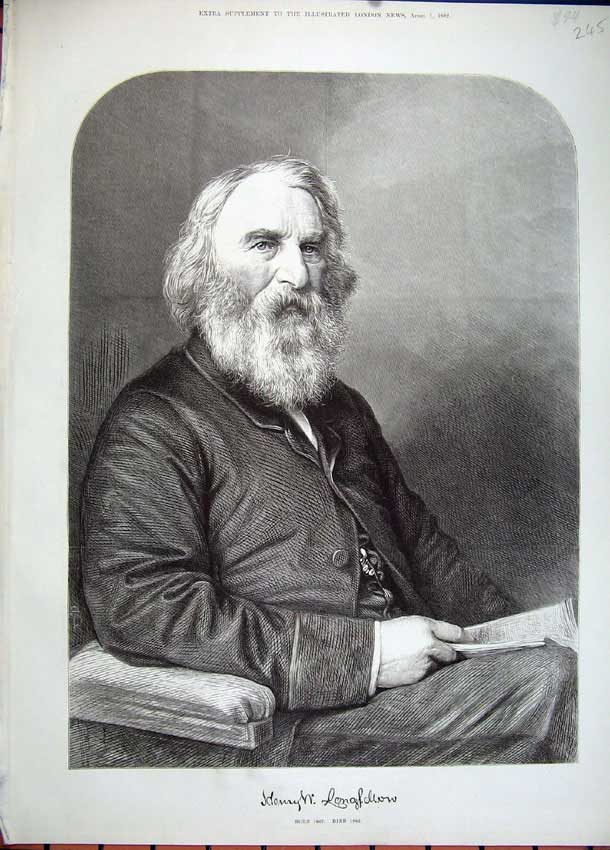 Original Old Antique Print 1882 Portrait Henry Longfellow Bearded Man Victorian