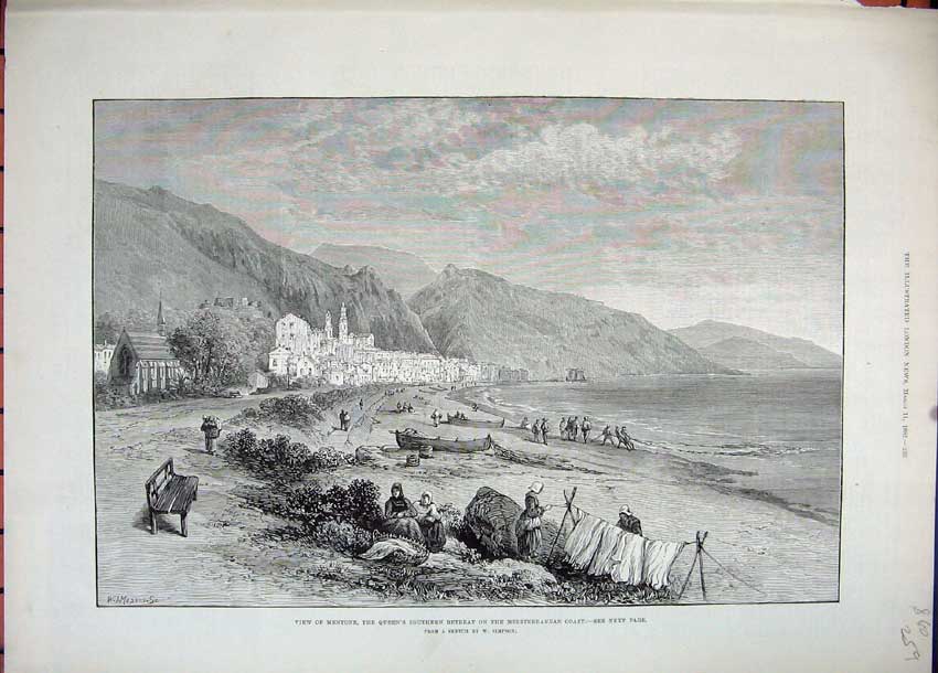 Old Antique Print View Mentone Mediterranean 1882 Mountains Simpson Boat 19th